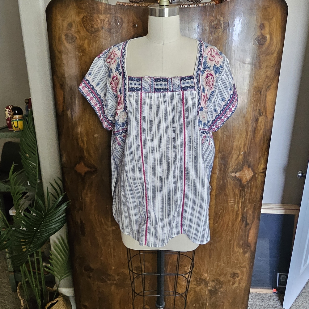 Johnny Was White Navy Striped Peasant Blouse with Pink Floral Embroidery